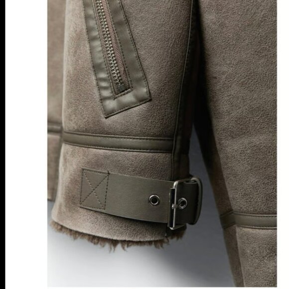 ZARA NEW WOMEN FAUX LEATHER SHEARLING DOUBLE-FACED BIKER JACKET GRAY 3548/243 - Picture 14 of 15
